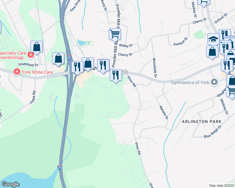 map of restaurants, bars, coffee shops, grocery stores, and more near 189 Tuscarora Drive in York