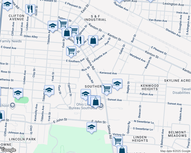 map of restaurants, bars, coffee shops, grocery stores, and more near 1401 Selma Road in Springfield