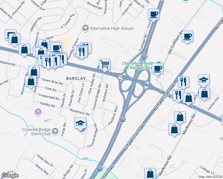 map of restaurants, bars, coffee shops, grocery stores, and more near 4 Kaywood Lane in Cherry Hill