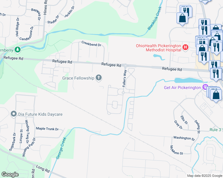 map of restaurants, bars, coffee shops, grocery stores, and more near 415 Fuller's Circle in Pickerington