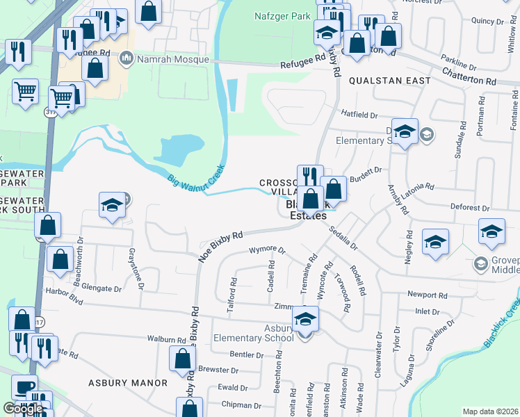 map of restaurants, bars, coffee shops, grocery stores, and more near 3371 Noe Bixby Road in Columbus