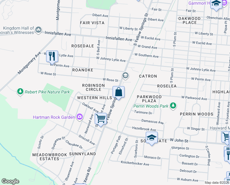 map of restaurants, bars, coffee shops, grocery stores, and more near 1597 South Yellow Springs Street in Springfield