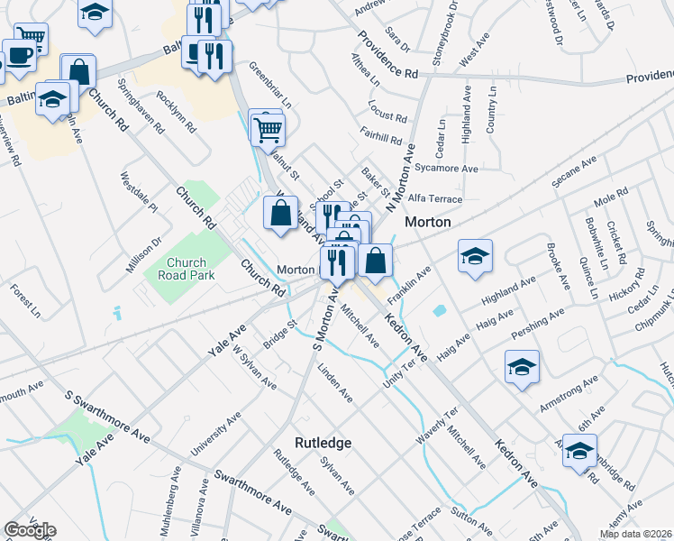 map of restaurants, bars, coffee shops, grocery stores, and more near 35 South Morton Avenue in Morton