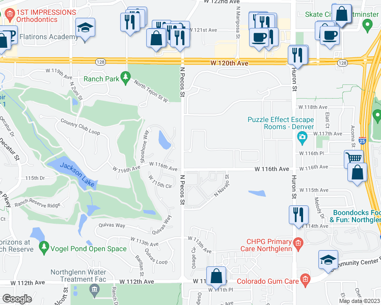 map of restaurants, bars, coffee shops, grocery stores, and more near 11664 North Pecos Street in Westminster