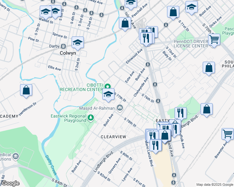 map of restaurants, bars, coffee shops, grocery stores, and more near 2545 South 77th Street in Philadelphia