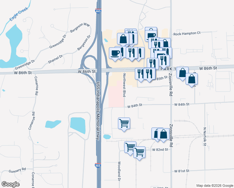 map of restaurants, bars, coffee shops, grocery stores, and more near 8450 Northwest Boulevard in Indianapolis