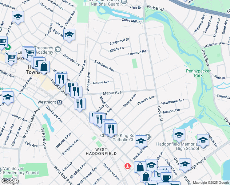 map of restaurants, bars, coffee shops, grocery stores, and more near Maple Avenue & Marne Avenue in Haddonfield