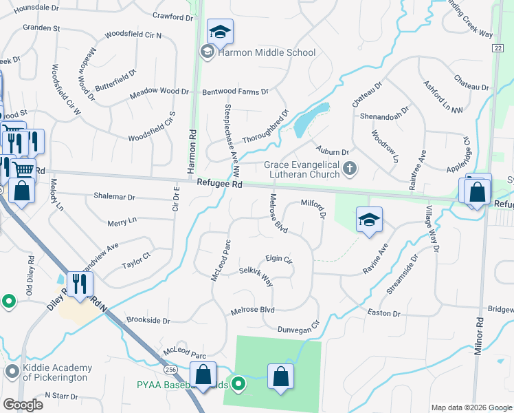 map of restaurants, bars, coffee shops, grocery stores, and more near 1013 McLeod Parc in Pickerington