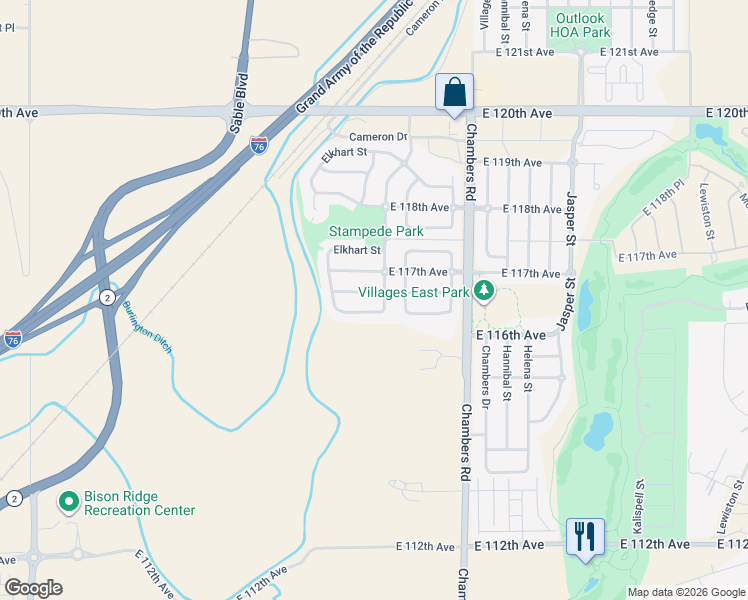 map of restaurants, bars, coffee shops, grocery stores, and more near 11602 Fairplay Street in Brighton