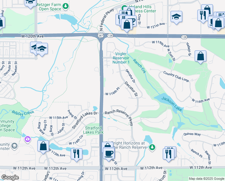 map of restaurants, bars, coffee shops, grocery stores, and more near 11630 Federal Boulevard in Westminster