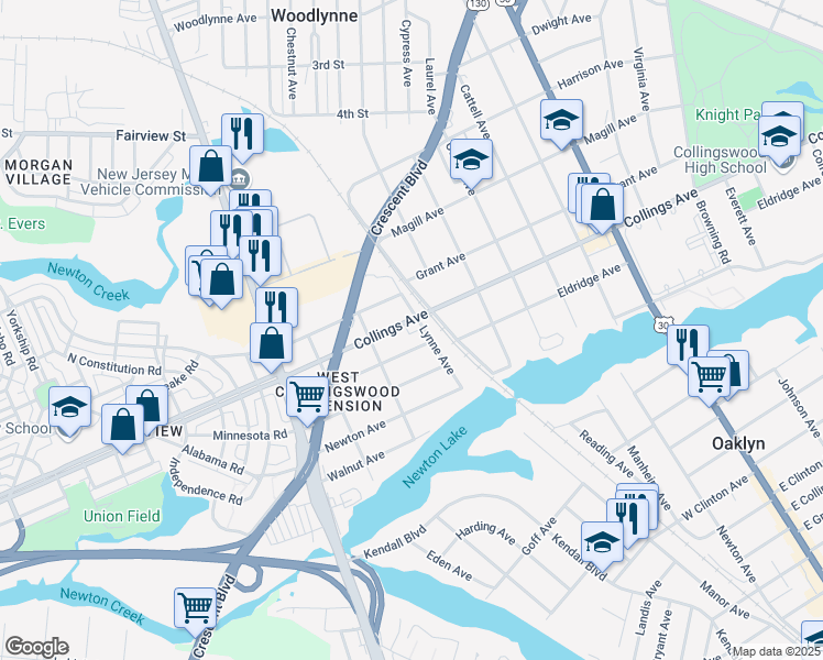 map of restaurants, bars, coffee shops, grocery stores, and more near 1104 Eldridge Avenue in Haddon Township