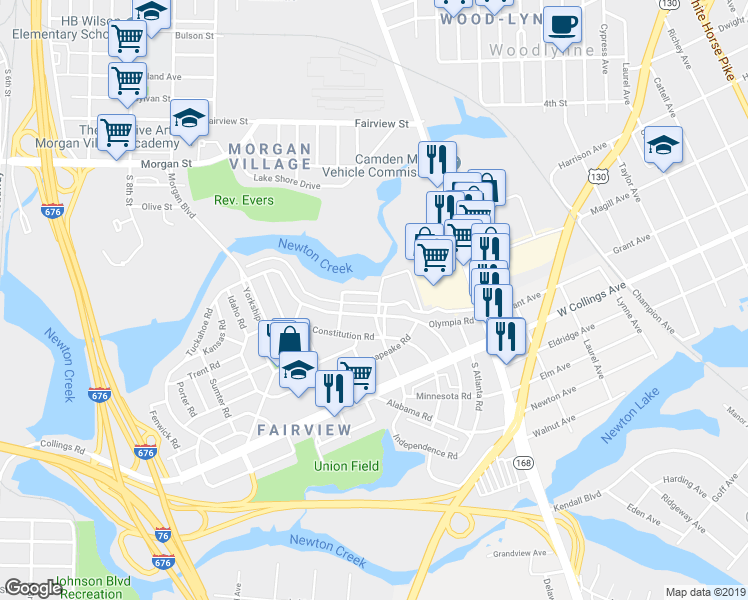 map of restaurants, bars, coffee shops, grocery stores, and more near 2945 North Congress Road in Camden