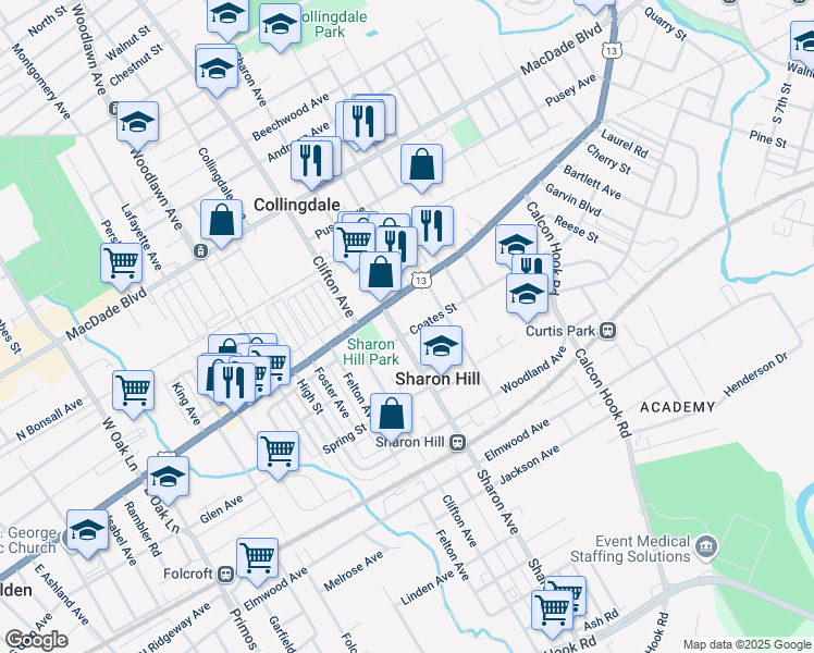 map of restaurants, bars, coffee shops, grocery stores, and more near 204 Sharon Avenue in Sharon Hill