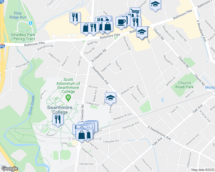 map of restaurants, bars, coffee shops, grocery stores, and more near 104 Elm Avenue in Swarthmore
