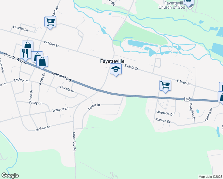 map of restaurants, bars, coffee shops, grocery stores, and more near 5052 Lincoln Way East in Fayetteville