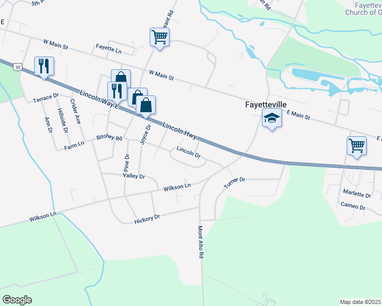 map of restaurants, bars, coffee shops, grocery stores, and more near 29 Lincoln Drive in Fayetteville