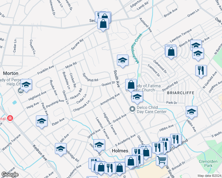 map of restaurants, bars, coffee shops, grocery stores, and more near 715 Wyndom Terrace in Delaware County
