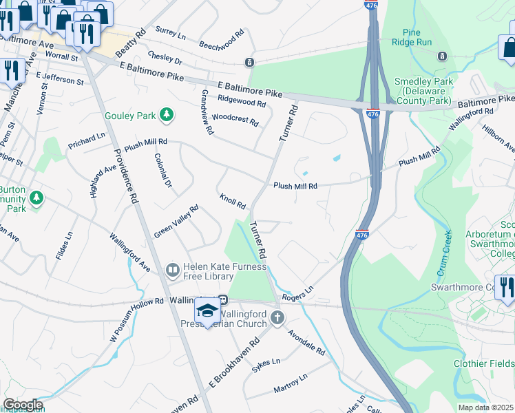 map of restaurants, bars, coffee shops, grocery stores, and more near 202 Turner Road in Delaware County