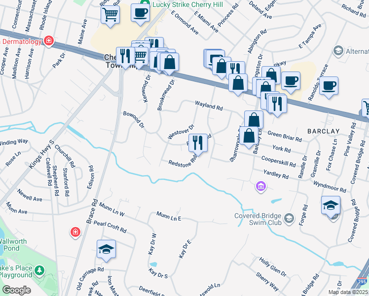 map of restaurants, bars, coffee shops, grocery stores, and more near 224 Red Stone Ridge in Cherry Hill