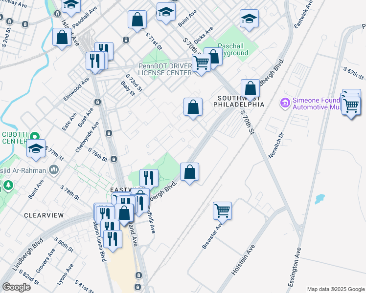 map of restaurants, bars, coffee shops, grocery stores, and more near 7315 Merganser Place in Philadelphia