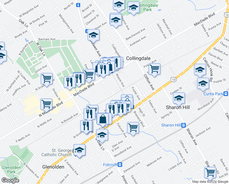 map of restaurants, bars, coffee shops, grocery stores, and more near 1024 Hansen Alley in Collingdale