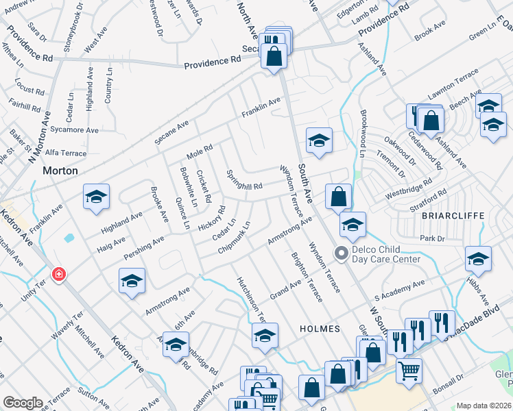 map of restaurants, bars, coffee shops, grocery stores, and more near 2623 Wood Road in Delaware County