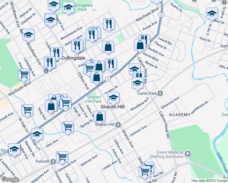 map of restaurants, bars, coffee shops, grocery stores, and more near 206 Barker Avenue in Sharon Hill