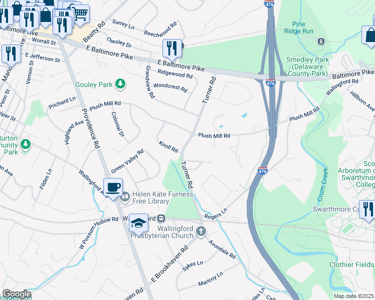 map of restaurants, bars, coffee shops, grocery stores, and more near 202 Turner Road in Delaware County