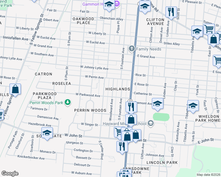 map of restaurants, bars, coffee shops, grocery stores, and more near 1446 Woodward Avenue in Springfield