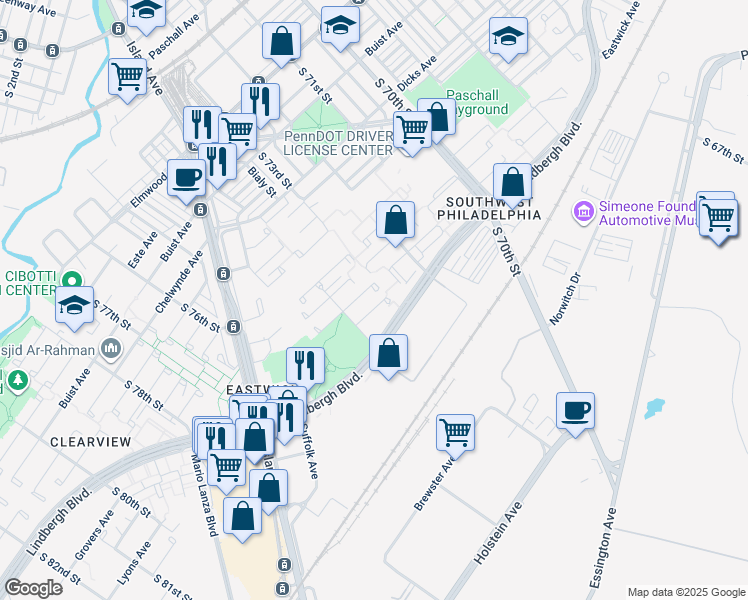map of restaurants, bars, coffee shops, grocery stores, and more near 7315 Merganser Place in Philadelphia