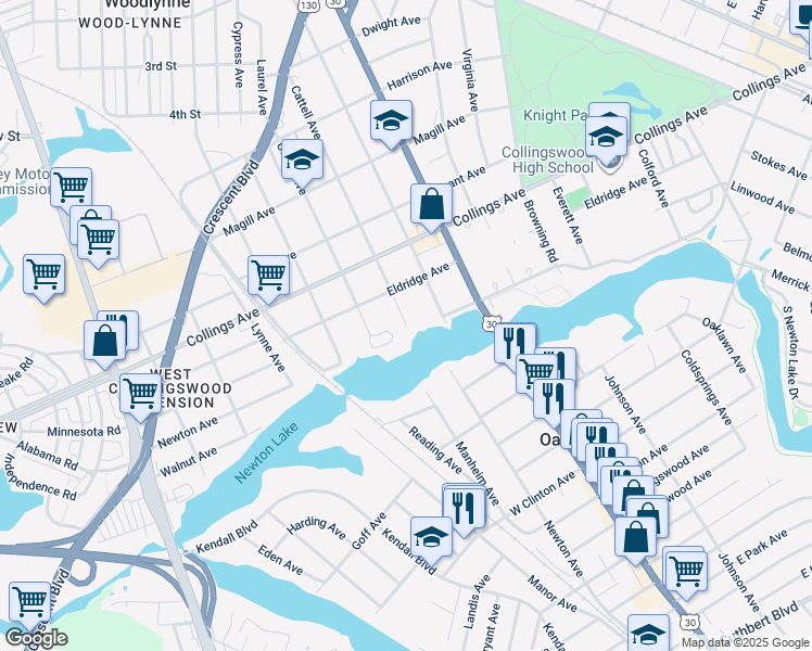 map of restaurants, bars, coffee shops, grocery stores, and more near 798 Cattell Avenue in Collingswood