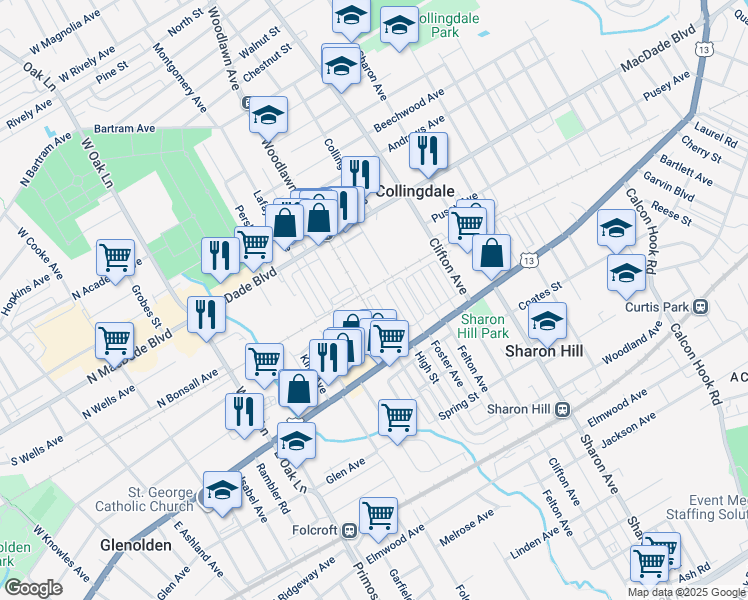 map of restaurants, bars, coffee shops, grocery stores, and more near 30 High St in Sharon Hill