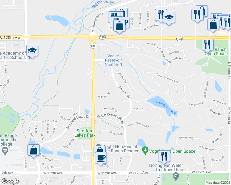 map of restaurants, bars, coffee shops, grocery stores, and more near 2850 West 116th Place in Westminster