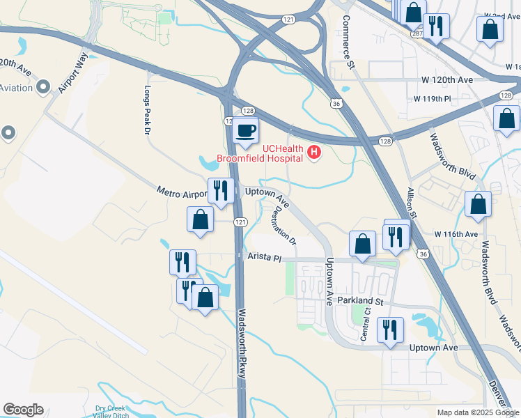 map of restaurants, bars, coffee shops, grocery stores, and more near 8601 Arista Pl in Broomfield