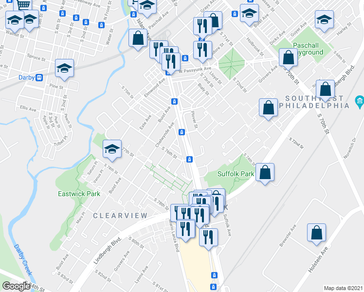 map of restaurants, bars, coffee shops, grocery stores, and more near 9041 Island Avenue in Philadelphia