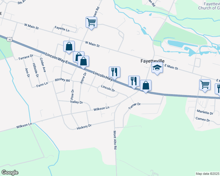 map of restaurants, bars, coffee shops, grocery stores, and more near 29 Lincoln Drive in Fayetteville