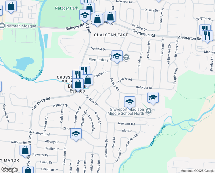 map of restaurants, bars, coffee shops, grocery stores, and more near 3409 Claretta Road in Columbus