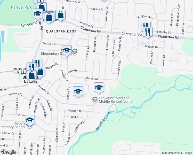 map of restaurants, bars, coffee shops, grocery stores, and more near 5484 Deforest Drive in Columbus