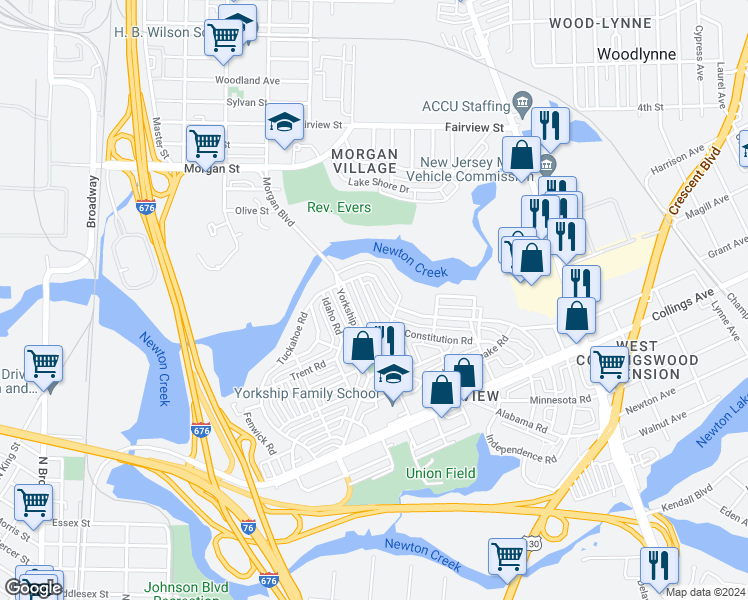 map of restaurants, bars, coffee shops, grocery stores, and more near 2784 North Constitution Road in Camden