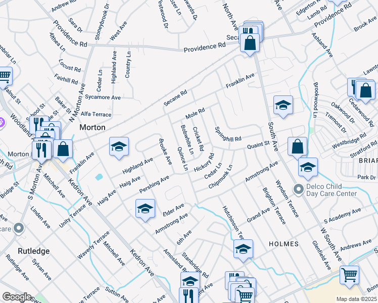 map of restaurants, bars, coffee shops, grocery stores, and more near 825 Bobwhite Lane in Delaware County