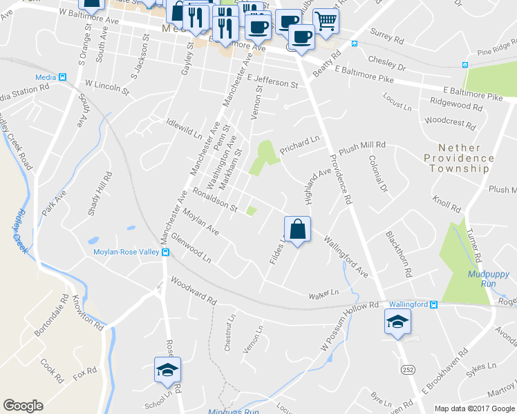 map of restaurants, bars, coffee shops, grocery stores, and more near 608 Wallingford Avenue in Media