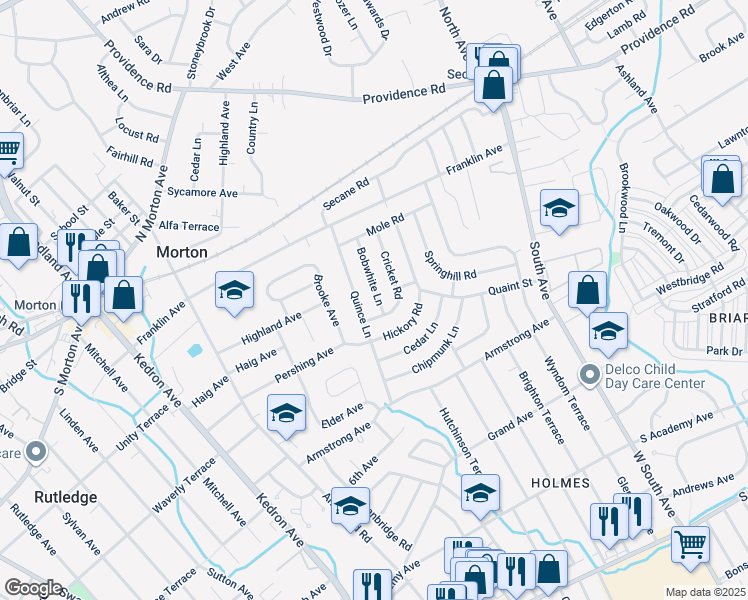 map of restaurants, bars, coffee shops, grocery stores, and more near 825 Bobwhite Lane in Delaware County