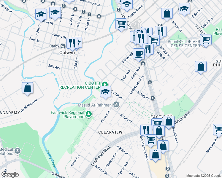 map of restaurants, bars, coffee shops, grocery stores, and more near 2521 South 77th Street in Philadelphia