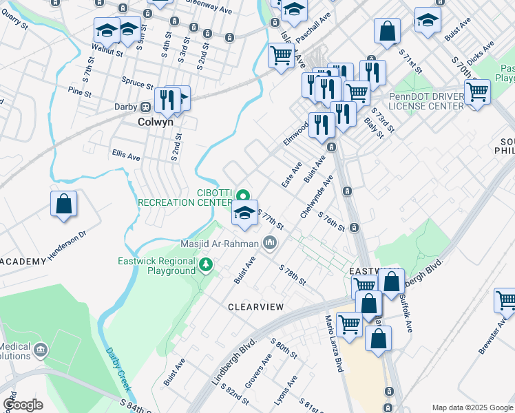 map of restaurants, bars, coffee shops, grocery stores, and more near 2521 South 77th Street in Philadelphia