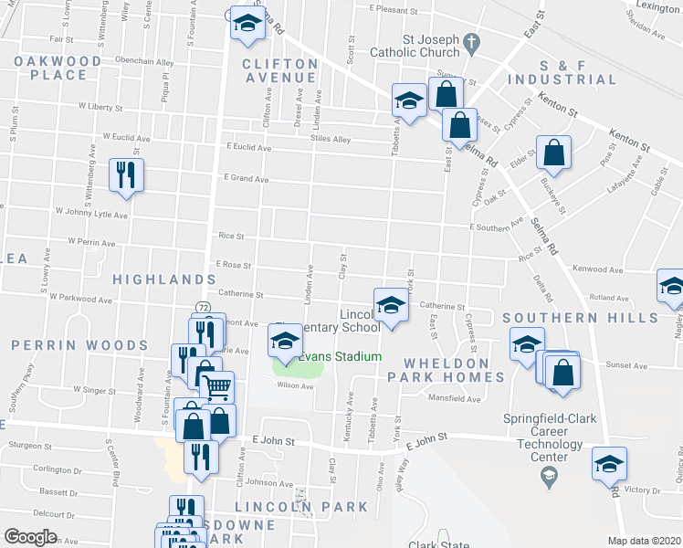 map of restaurants, bars, coffee shops, grocery stores, and more near East Rose Street in Springfield