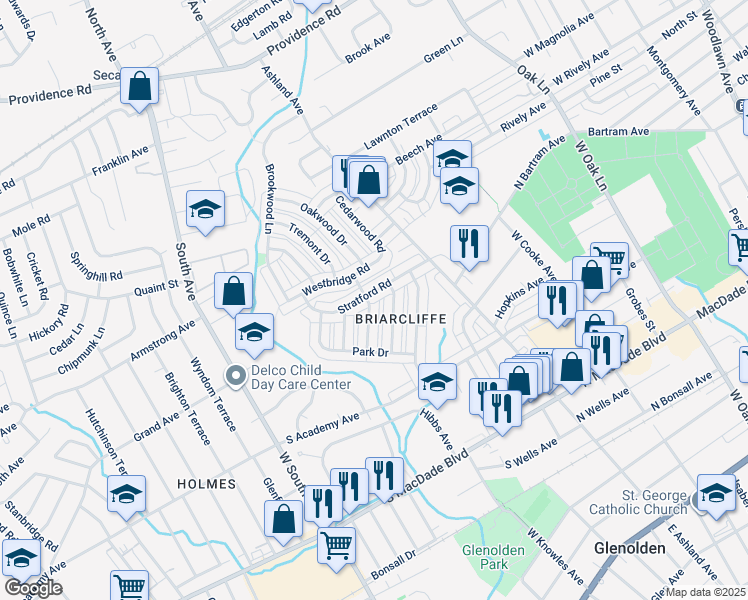 map of restaurants, bars, coffee shops, grocery stores, and more near 223 Stratford Road in Glenolden