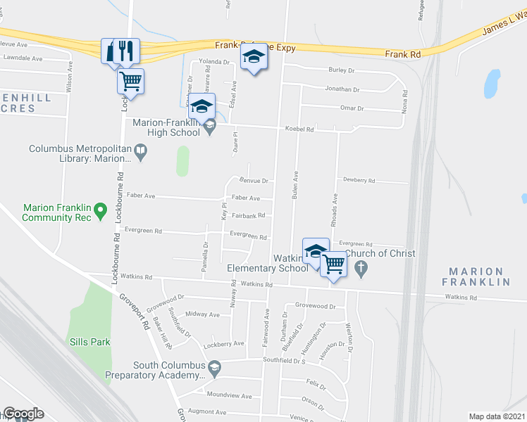 map of restaurants, bars, coffee shops, grocery stores, and more near 1418 Faber Avenue in Columbus