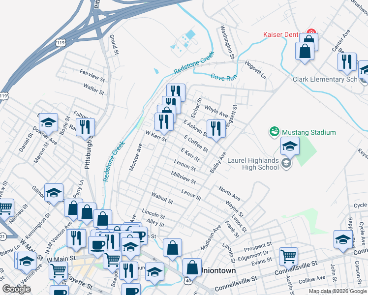 map of restaurants, bars, coffee shops, grocery stores, and more near 137 East Coffee Street in Uniontown