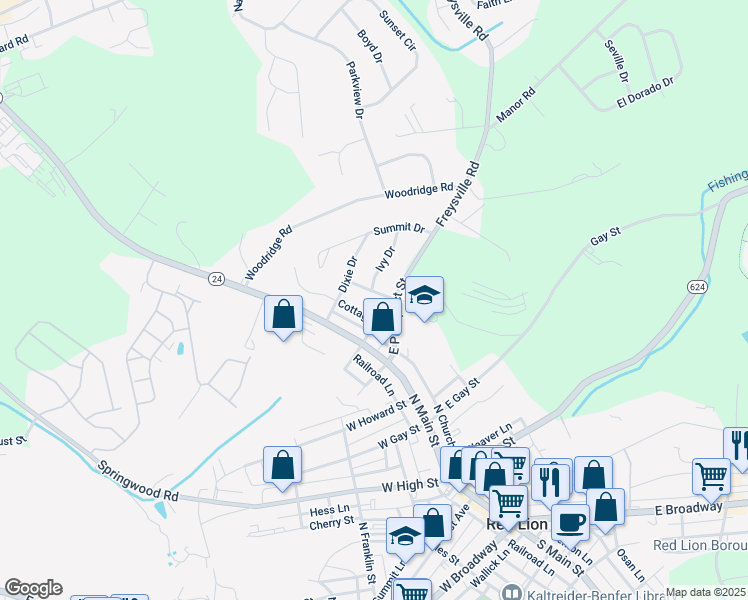 map of restaurants, bars, coffee shops, grocery stores, and more near 412 Holly Drive in Red Lion