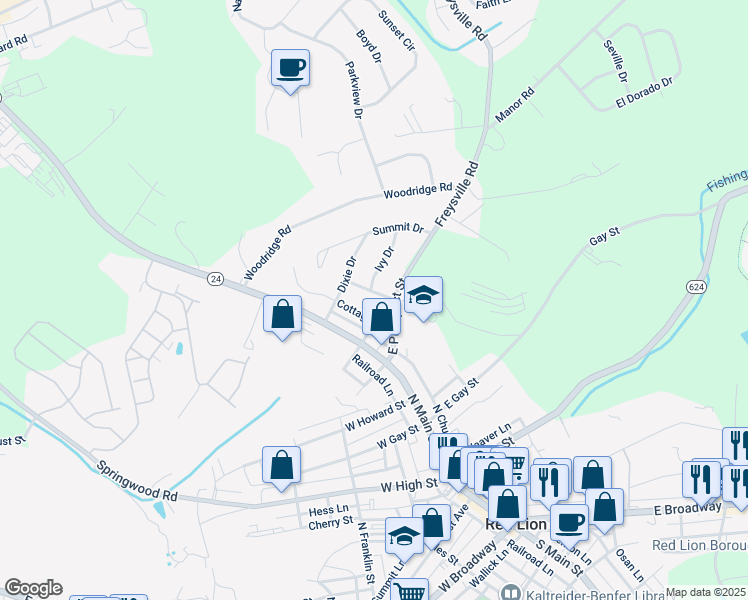 map of restaurants, bars, coffee shops, grocery stores, and more near 412 Holly Drive in Red Lion